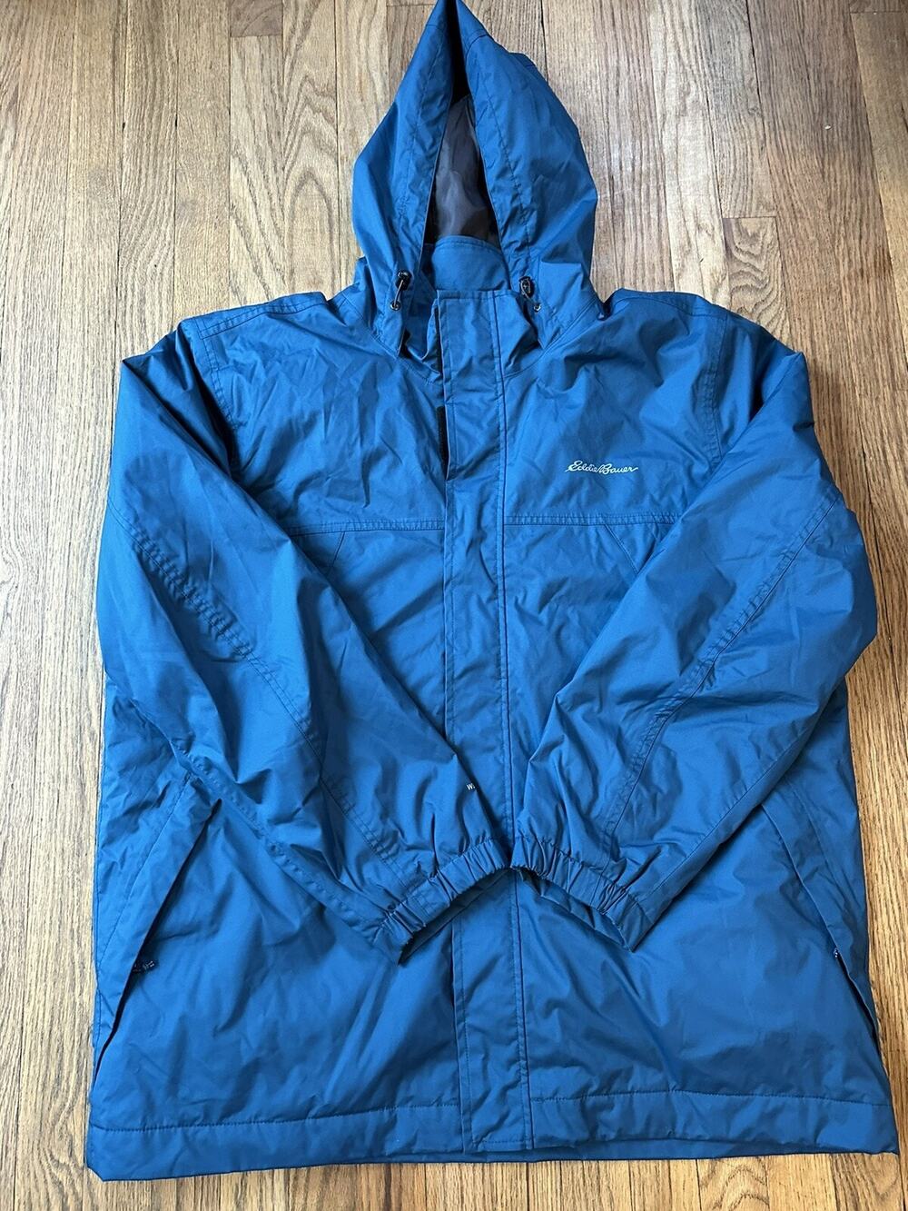 Eddie Bauer Rain Jacket Men's Sz Large Teal Blue Weather Edge Mesh Lined Hooded